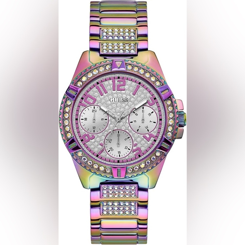 GUESS Women Pink Purple Watch Rhinestone Embellished